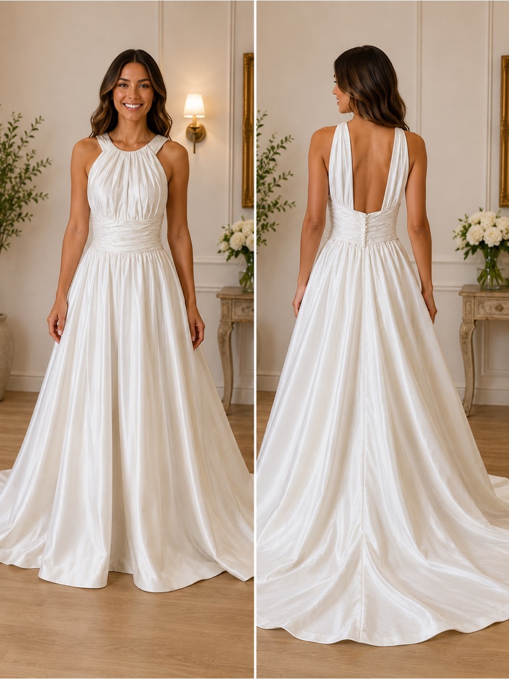 Ivory Halter Satin A-Line Wedding Dress